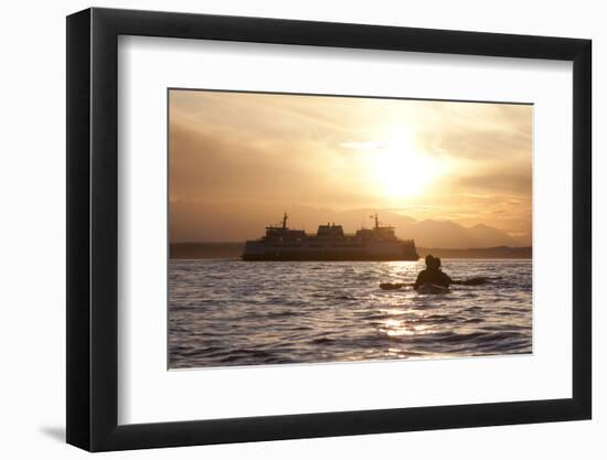 USA, Washington State, Seattle. Two-person sea kayak in Elliott Bay at sunset.-Merrill Images-Framed Photographic Print