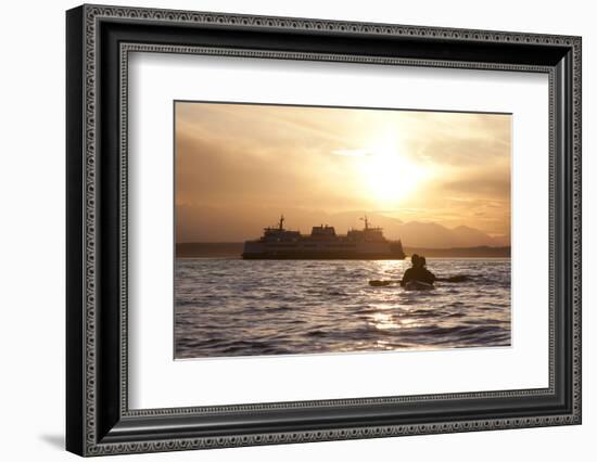 USA, Washington State, Seattle. Two-person sea kayak in Elliott Bay at sunset.-Merrill Images-Framed Photographic Print