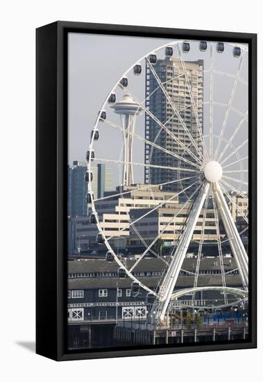 USA, Washington State, Seattle. Waterfront morning sun. Space Needle and ferris wheel from Bainbrid-Trish Drury-Framed Premier Image Canvas