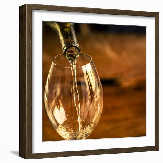 USA, Washington State, Seattle. White wine pouring into glass in a Seattle winery.-Richard Duval-Framed Photographic Print