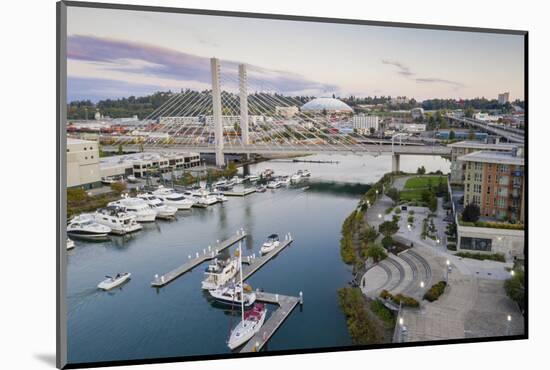 USA, Washington State, Tacoma. Thea Foss Waterway, marina and cable-stayed SR 509 bridge.-Merrill Images-Mounted Photographic Print