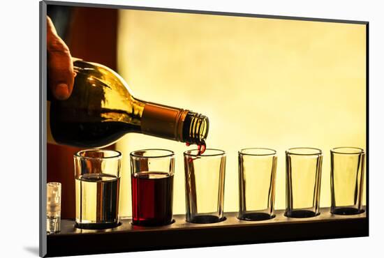 USA, Washington, Walla Walla. Man prepares a flight of white and red wine for sample tasting-Richard Duval-Mounted Photographic Print