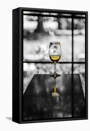 USA, Washington, Woodinville. A glass of white wine reflects a spring day in a Woodinville winery.-Richard Duval-Framed Premier Image Canvas