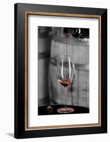 USA, Washington Woodinville. Red wine pouring into is captured in mid-air-Richard Duval-Framed Photographic Print