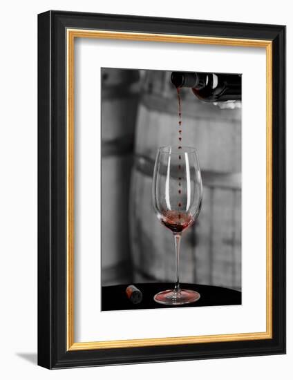 USA, Washington Woodinville. Red wine pouring into is captured in mid-air-Richard Duval-Framed Photographic Print