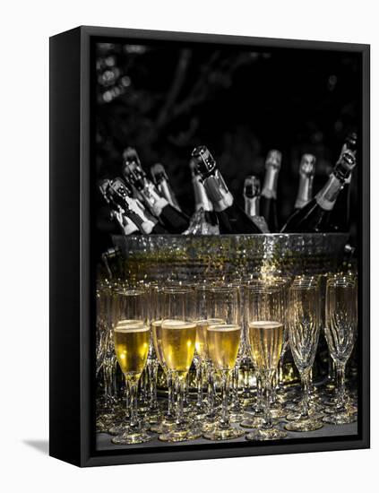 USA, Washington, Woodinville. Sparkling wine bottles and glasses ready for tasting at a wine event.-Richard Duval-Framed Premier Image Canvas