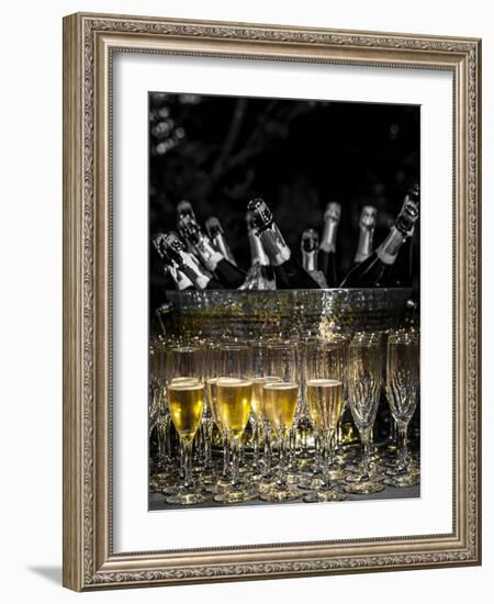 USA, Washington, Woodinville. Sparkling wine bottles and glasses ready for tasting at a wine event.-Richard Duval-Framed Photographic Print