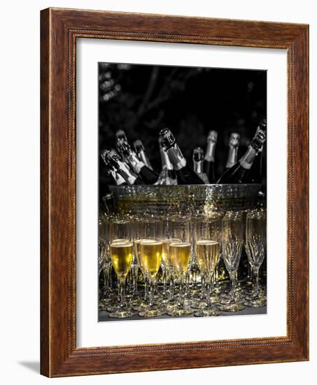 USA, Washington, Woodinville. Sparkling wine bottles and glasses ready for tasting at a wine event.-Richard Duval-Framed Photographic Print