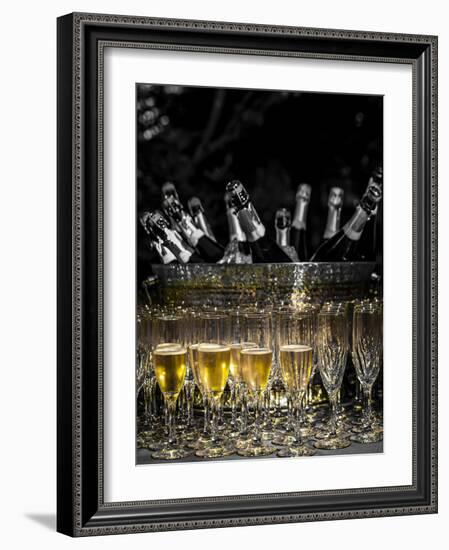 USA, Washington, Woodinville. Sparkling wine bottles and glasses ready for tasting at a wine event.-Richard Duval-Framed Photographic Print