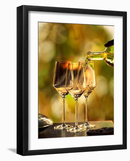 USA, Washington, Woodinville. Woman pours white wine into three glasses for a wine-tasting event.-Richard Duval-Framed Photographic Print