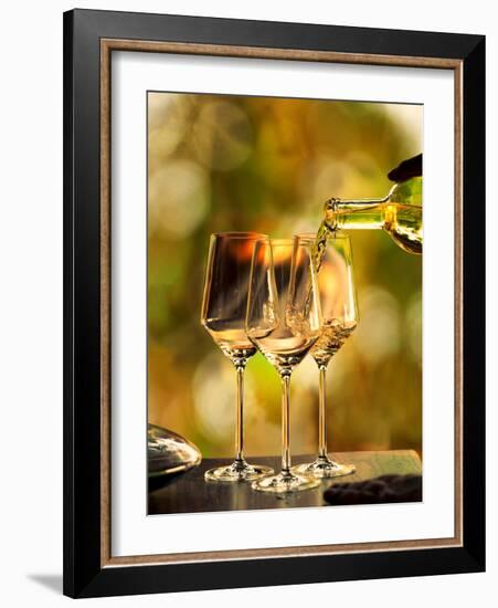 USA, Washington, Woodinville. Woman pours white wine into three glasses for a wine-tasting event.-Richard Duval-Framed Photographic Print