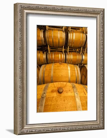 USA, Washington, Yakima Valley. Wine matures in the barrel room of an Eastern Washington winery.-Richard Duval-Framed Photographic Print
