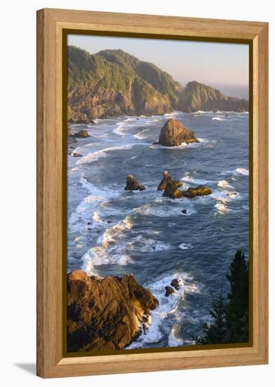 Usa, West Coast, Oregon, State Scenic Corridor, Sunset with Waves Crashing-Christian Heeb-Framed Premier Image Canvas