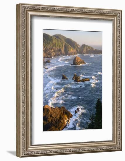 Usa, West Coast, Oregon, State Scenic Corridor, Sunset with Waves Crashing-Christian Heeb-Framed Photographic Print