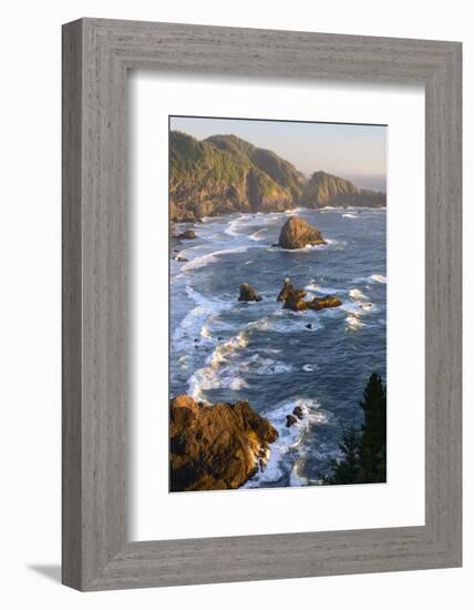 Usa, West Coast, Oregon, State Scenic Corridor, Sunset with Waves Crashing-Christian Heeb-Framed Photographic Print