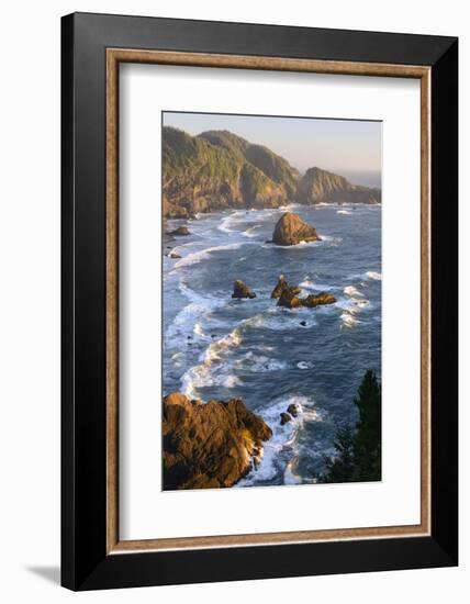 Usa, West Coast, Oregon, State Scenic Corridor, Sunset with Waves Crashing-Christian Heeb-Framed Photographic Print