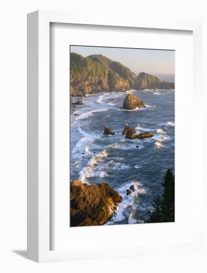 Usa, West Coast, Oregon, State Scenic Corridor, Sunset with Waves Crashing-Christian Heeb-Framed Photographic Print