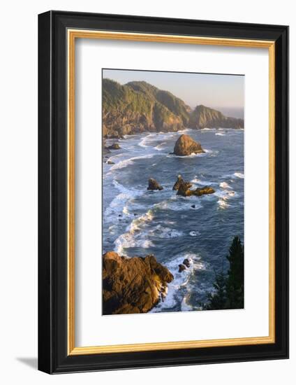 Usa, West Coast, Oregon, State Scenic Corridor, Sunset with Waves Crashing-Christian Heeb-Framed Photographic Print