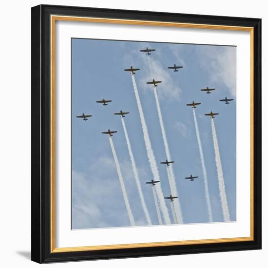 USA, Wisconsin, Oshkosh, Airshow dramatic plane formation-Bernard Friel-Framed Photographic Print