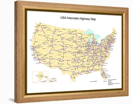 Usa With Interstate Highways, States And Names-Bruce Jones-Framed Stretched Canvas