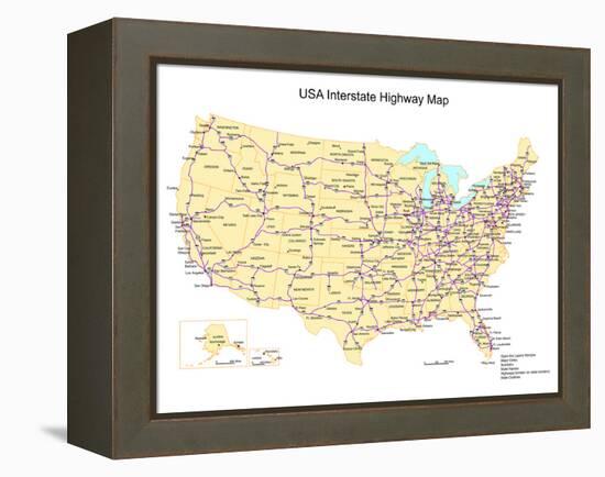 Usa With Interstate Highways, States And Names-Bruce Jones-Framed Stretched Canvas