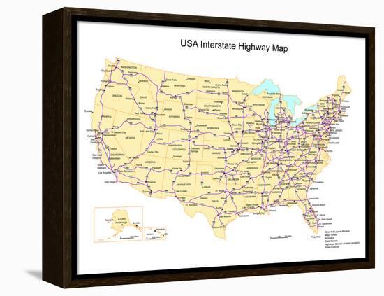 Usa With Interstate Highways, States And Names-Bruce Jones-Framed Stretched Canvas