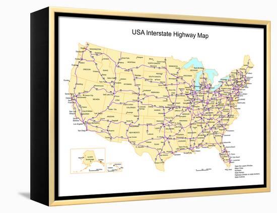 Usa With Interstate Highways, States And Names-Bruce Jones-Framed Stretched Canvas