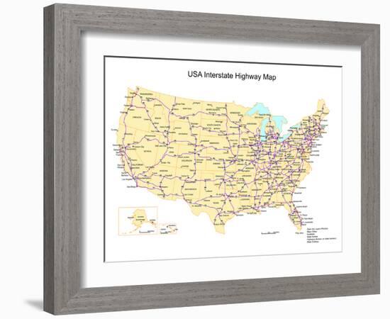 Usa With Interstate Highways, States And Names-Bruce Jones-Framed Art Print