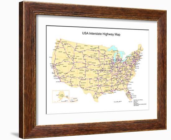 Usa With Interstate Highways, States And Names-Bruce Jones-Framed Art Print