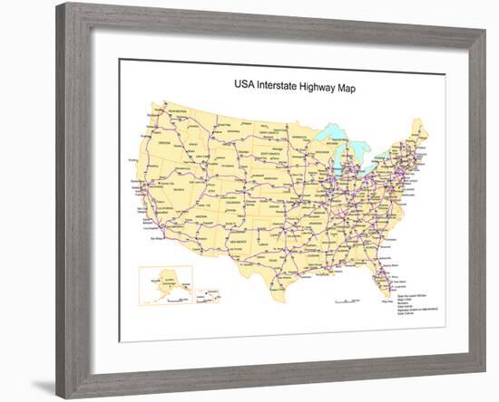 Usa With Interstate Highways, States And Names-Bruce Jones-Framed Art Print