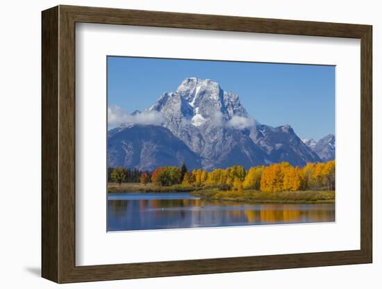 USA, Wyoming. Grand Teton National Park, fresh snowfall covers Mt. Moran on an autumn morning.-Elizabeth Boehm-Framed Photographic Print