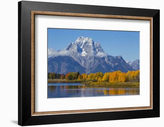 USA, Wyoming. Grand Teton National Park, fresh snowfall covers Mt. Moran on an autumn morning.-Elizabeth Boehm-Framed Photographic Print