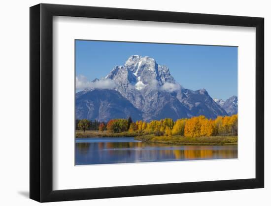 USA, Wyoming. Grand Teton National Park, fresh snowfall covers Mt. Moran on an autumn morning.-Elizabeth Boehm-Framed Photographic Print