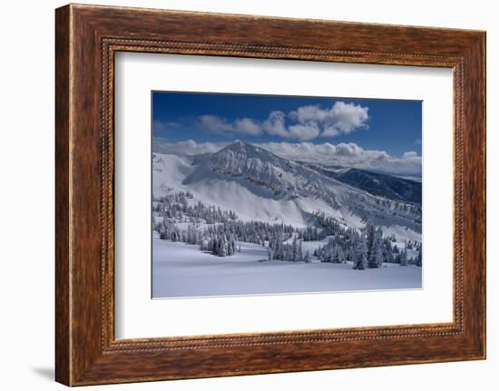 USA, Wyoming. Landscape of Peaked Mountain and Grand Targhee Resort with new snow-Howie Garber-Framed Photographic Print