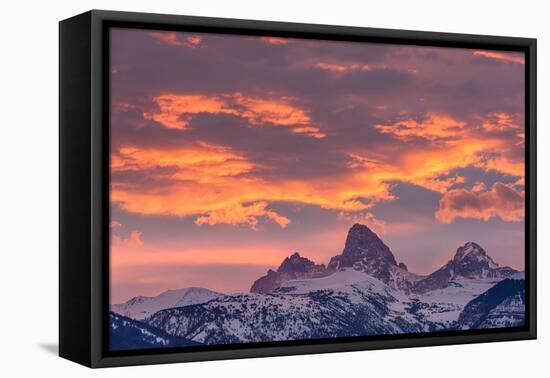 USA, Wyoming. Orange sunset and landscape of Table, Grand and Middle Teton and Mt. Owen.-Howie Garber-Framed Premier Image Canvas