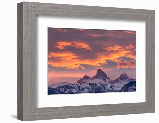 USA, Wyoming. Orange sunset and landscape of Table, Grand and Middle Teton and Mt. Owen.-Howie Garber-Framed Photographic Print