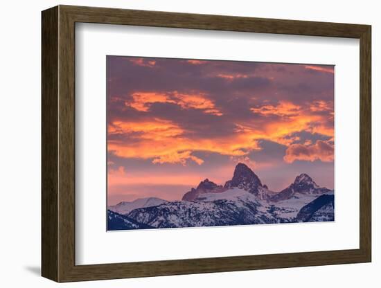 USA, Wyoming. Orange sunset and landscape of Table, Grand and Middle Teton and Mt. Owen.-Howie Garber-Framed Photographic Print