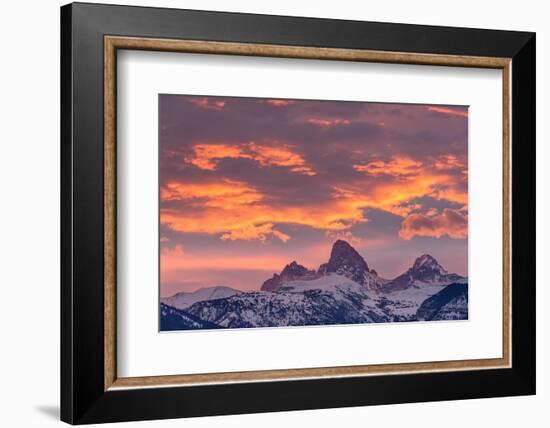 USA, Wyoming. Orange sunset and landscape of Table, Grand and Middle Teton and Mt. Owen.-Howie Garber-Framed Photographic Print