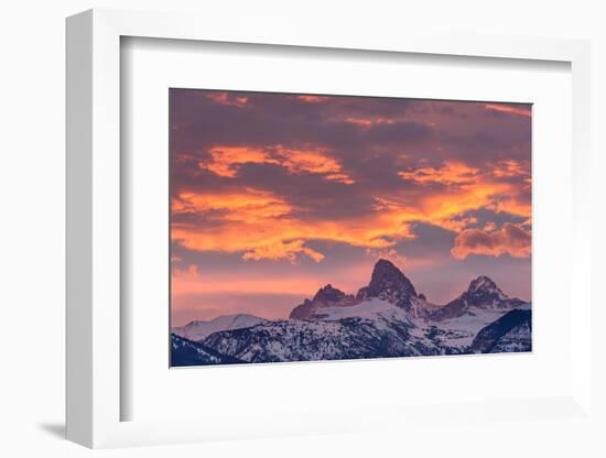 USA, Wyoming. Orange sunset and landscape of Table, Grand and Middle Teton and Mt. Owen.-Howie Garber-Framed Photographic Print