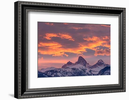 USA, Wyoming. Orange sunset and landscape of Table, Grand and Middle Teton and Mt. Owen.-Howie Garber-Framed Photographic Print