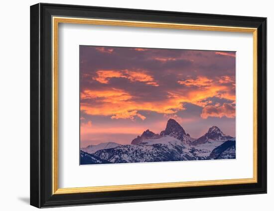 USA, Wyoming. Orange sunset and landscape of Table, Grand and Middle Teton and Mt. Owen.-Howie Garber-Framed Photographic Print