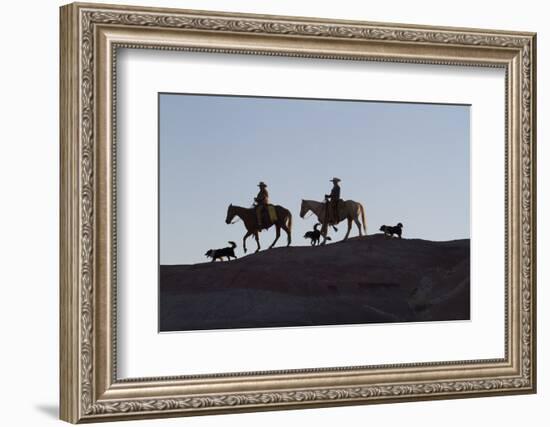 USA, Wyoming, Shell, The Hideout Ranch, Cowboys, Horses and Dogs in Early Light-Hollice Looney-Framed Photographic Print