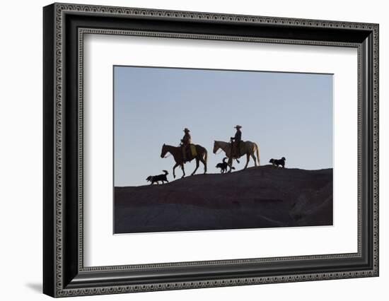 USA, Wyoming, Shell, The Hideout Ranch, Cowboys, Horses and Dogs in Early Light-Hollice Looney-Framed Photographic Print