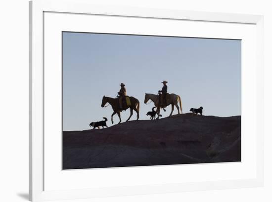 USA, Wyoming, Shell, The Hideout Ranch, Cowboys, Horses and Dogs in Early Light-Hollice Looney-Framed Premium Photographic Print