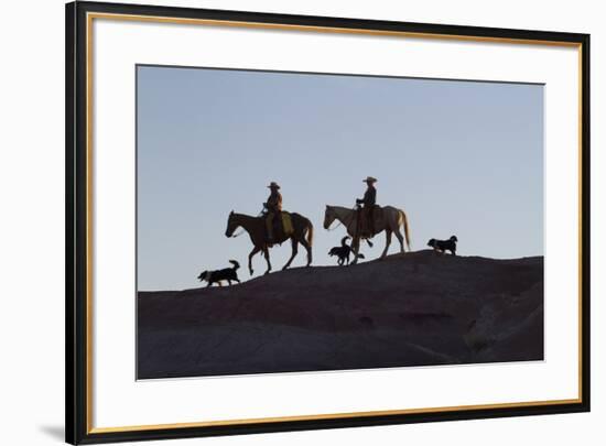 USA, Wyoming, Shell, The Hideout Ranch, Cowboys, Horses and Dogs in Early Light-Hollice Looney-Framed Premium Photographic Print