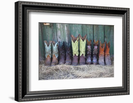 Usa, Wyoming, Shell, The Hideout Ranch, Five Pairs of Cowboy Boots-Hollice-Framed Photographic Print