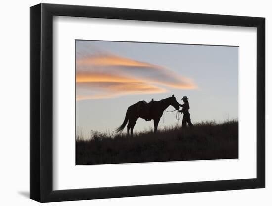 USA, Wyoming, Shell, The Hideout Ranch, Silhouette of Cowgirl with Horse at Sunset-Hollice Looney-Framed Photographic Print