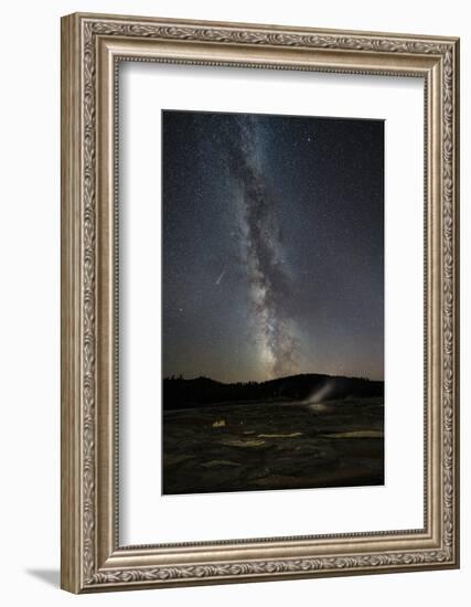 USA, Wyoming, Yellowstone National Park. Meteor streaks across Milky Way.-Jaynes Gallery-Framed Photographic Print