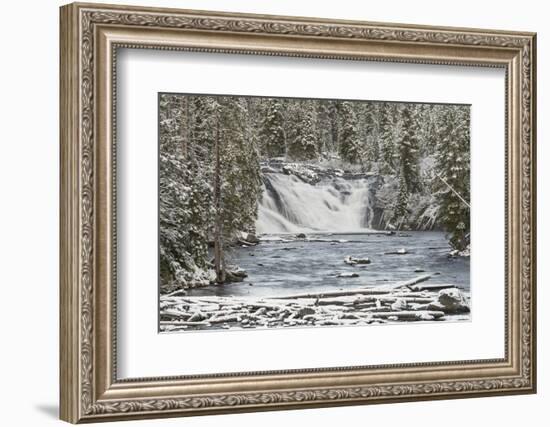 USA, Wyoming, Yellowstone National Park. Snowy landscape with Lewis Falls and Lewis River.-Jaynes Gallery-Framed Photographic Print