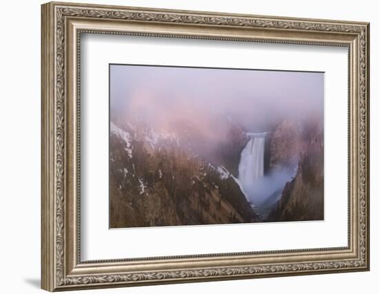 USA, Wyoming, Yellowstone National Park. Sunrise fog around Lower Yellowstone Falls.-Jaynes Gallery-Framed Photographic Print